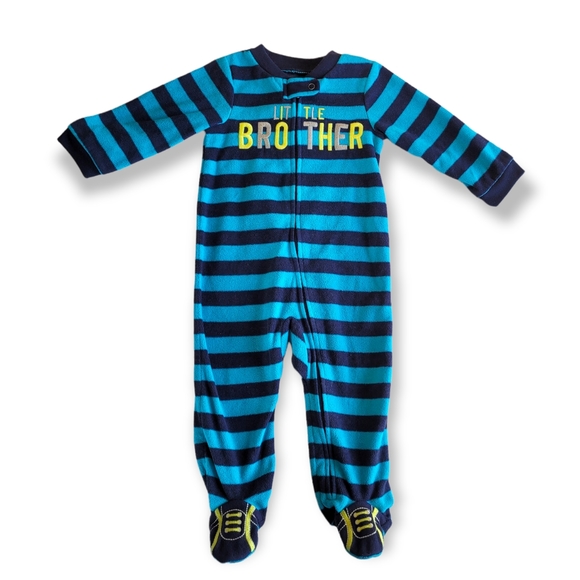 Carter's Boys "Little Brother" Zip Up Striped Fleece Footed Pajamas 6-9 Months - Picture 1 of 6